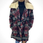 SUN & SHADOW Red and Black Aztec Pattern Cardigan With Faux Fur Collar