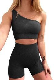 NEW 2 Pc Ribbed 1 Shoulder High Waist Shorts & Sports Bra S