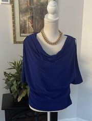 For Cynthia Women S Top Short Sleeve Blue Cobalt Stretchy Jersey Open Shoulder