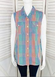 Bill Blass Check Color Block Sleeveless Button Front Shirt Multicolor Small