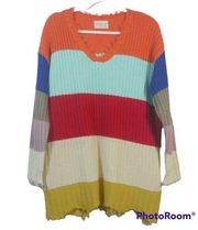 Dress Up Bright Multicolor Stripe Over Sized Distressed Knit Sweater Size S