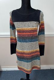 Multi Colored Striped Short Dress With Black Suede