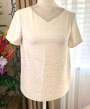 Maje "Licka" V-neck Short Sleeve Crepe Blouse in Ivory