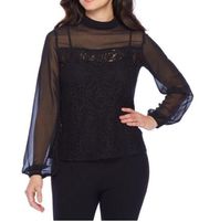 Black lace design high neck long sheer sleeves top never worn