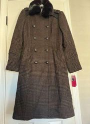 $400 NWT VINCE CAMUTO brown black plaid faux fur collar Wool Coat Size medium