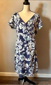 Soft Surroundings Floral Faux Wrap Dress Large Blue Purple White Flattering Midi