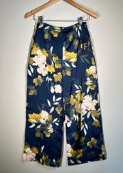 NEW  Maui Moments Navy Blue Floral Print Satin Cropped Wide-Leg Pants - XS