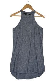 Tahari Dress Womens XS Linen Halter Sleeveless A Line Chambray Beachy Tank Blue