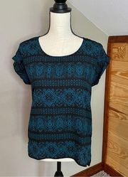 Pink Republic Black & Teal Patterned Short Sleeve High Low Top Medium