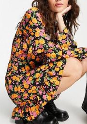 Topshop Rose Ruffle Long Sleeve Wrap Flowers Print Dress Size 8