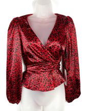 Red & Black Leopard Animal Print Faux Wrap V-Neck Blouse Small S NWT