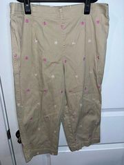 White Stag Khaki Crop Below-The-Knee Embroidery Y2K Pink Flower CapriPants Size8