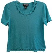 Requirements Petite Aqua Shortsleeved Sweater w Decorative Edge and Beading