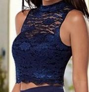 VENUS Floral Lace High Neck Top Blue Sleeveless Open Tie Back Women's Size 16