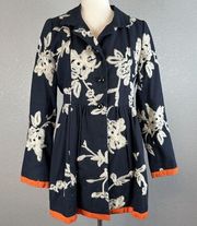 Freeway Womens Retro Flare Jacket L Large Blue Ivory Embroidered Floral Orange