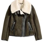 H&M  Sherpa Fuax Suede Moto BIker Jacket Olive Green Zip Up Womens 2