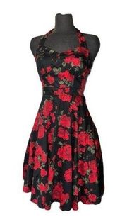 Hot Topic Black & Red Roses Halter Dress S/ M Rockabilly  Style 80s