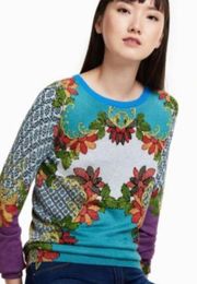 DESIGUAL Teal Gray Floral Color Block Sweater Size XS Multicolor Long Sleeves