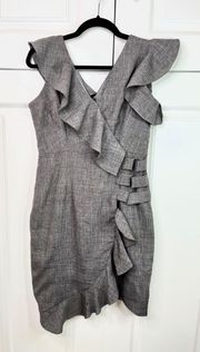 Cup n Tea Grey Faux Wrap Ruffle Shift Dress with Belt Loop Accents