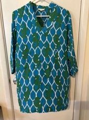 ESCAPADA BEACH Blue Green Seahorse Tunic Top Blouse 3/4 Slv Dress Cover-Up SZ XS