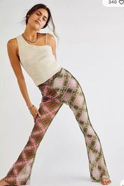 The Ragged Priest Reveller Flare Pants Womens Size Large Green Pink Plaid Mesh