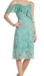 NWT Ruffle One Shoulder Flutter Sleeve Light Green Lace Sheath Dress 