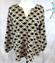 Adrienne Vittadini black mocha and tan print blouse top size XL NWT