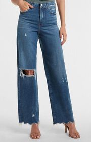 EXPRESS Super High Waisted Ripped Raw Hem 90s Wide Leg Jeans.