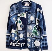 TIARA INTERNATIONAL Vintage Blue & White Frosty Snowman Knitted Sweater ~ Medium