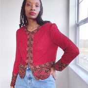 Laurence Kazar Silk Beaded Vintage Jacket Top Red Small Large Medium