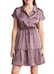 Lucky Brand Floral Tiered Satin Mini Dress Short Sleeves Deep Violet Purple M