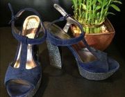 Pelle Moda Navy Suede Glitter Sandals Block heel
