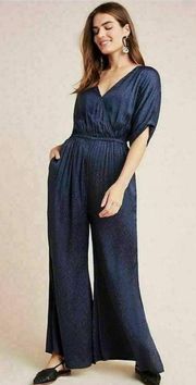 Maeve Anthropologie 100% Viscose Navy Blue Jacquard Print Jumpsuit - Women's XS