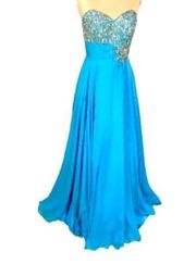 Tony Bowls Strapless Sweetheart Rhinestone Evening Long Gown Blue Size 6 Prom