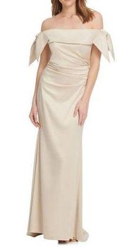 Champagne OFF THE SHOULDER RUCHED TRUMPET GOWN MAXI DRESS CHP