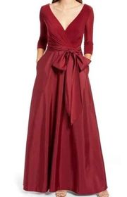 NEW ALFRED SUNG D736 Burgundy V-Neck 3/4 Sleeve Jersey Mikado Belted Gown SZ 12