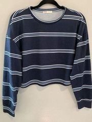 Womens Medium Cropped Striped Tshirt-ROWME Blue Long Sleeve SOFT EUC