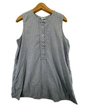 Beach Lunch Lounge Dress Blue Striped XL Sleeveless Cotton Quarter-Button Casual