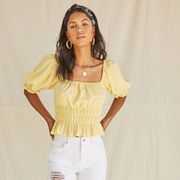 Forever 21  Light Yellow Gauze Short Sleeve Puff Sleeve Peplum Crop Top Size M