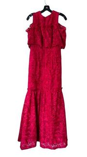 MONIQUE LHUILLIER Lace Sleeveless Ruffled Tiered Maxi Gown Dress Fuschia Sz 8