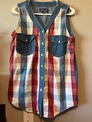 Vintage Denim Gingham button up vest small