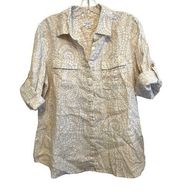 Charter Club Weekend Linen Button Shirt Size Large Tan Print Roll Tab Sleeve