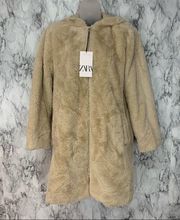 Zara Long Faux Fur Coat Jacket hooded zip up cream tan size XS NWT New