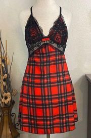 CBR Red Plaid Black Lace Slip Dress Size Medium