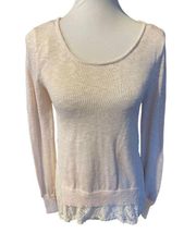 Poof!  Champagne Color Scoop Neck Long Sleeve Lightweight Knit Sweater with Rose