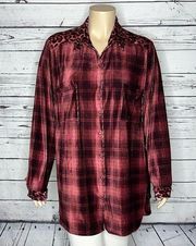 Susan Graver Weekend 3X Burgundy Plaid - Animal Corduroy Knit Button Down Shirt