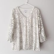 ELLE Women's White Black Floral Stretch Lace 3/4 Bell Sleeve Blouse Size XL