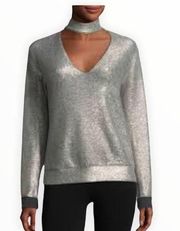 Bailey 44 A-List top silver foil lame open neck cutout turtleneck top