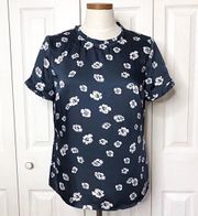 navy blue & white floral print ruffle sleeve blouse 