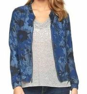 Juicy Couture Chambray Blue Floral Print Zip Up Bomber Jacket Coat